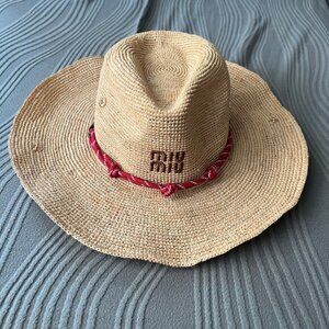 Miu Miu Woven Raffia Hat with Red Rope Band